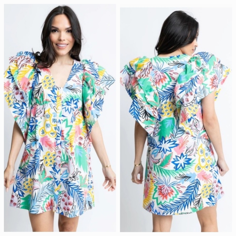 NWT Karlie Colorful Palm Floral Ruffle Dress size Large